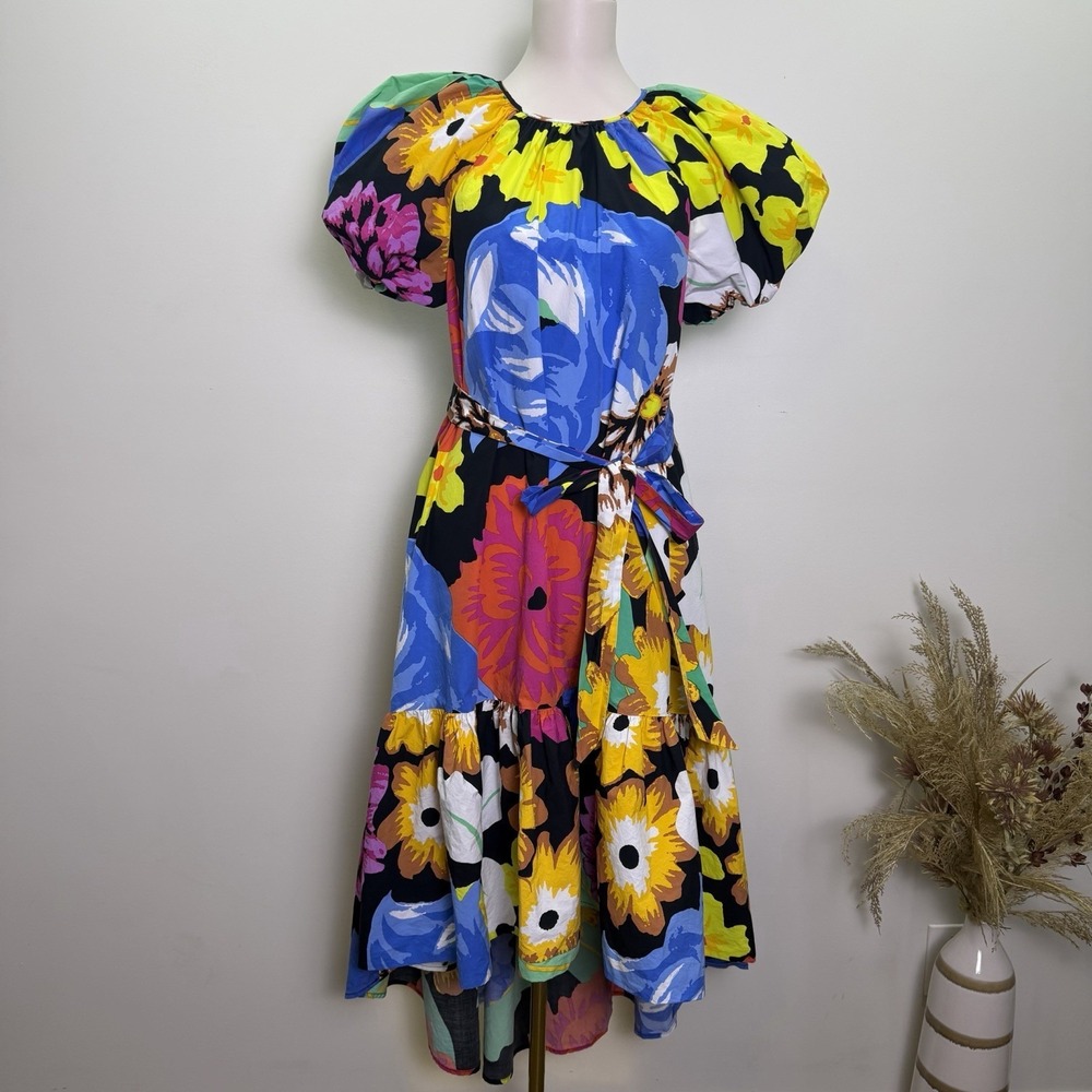 Christopher John Rogers Target Floral Puff Sleeve High-Low Midi Dress S Pockets